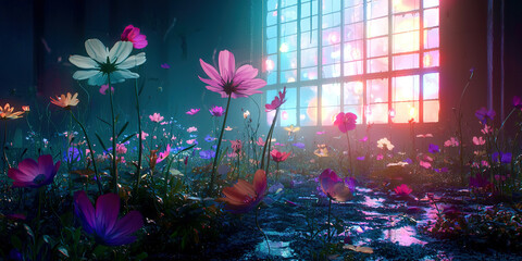 Fototapeta premium A colorful field of flowers with a window in the background