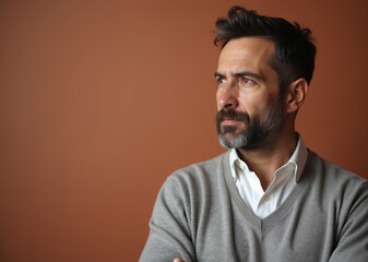 Obraz premium Mature man with thoughtful expression looking away against terracotta background with copy space