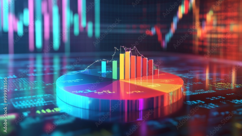Aufkleber a 3d financial pie chart with vibrant colors, representing different revenue streams, set against a 