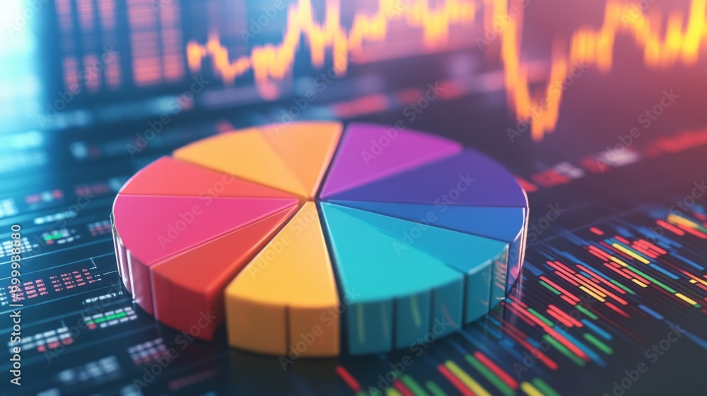 Poster a 3d financial pie chart with vibrant colors, representing different revenue streams, set against a 