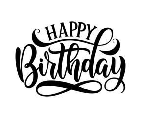 Happy birthday typography, elegant black script text on white background for party invitations, cards, posters, social media posts, and celebration designs