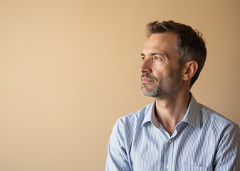 Obraz premium Middle-aged man with thoughtful expression looking away against beige background with copy space