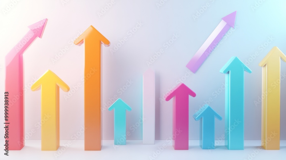 Poster a 3d-rendered bar graph representing financial growth, with vibrant colors and arrows pointing upwar