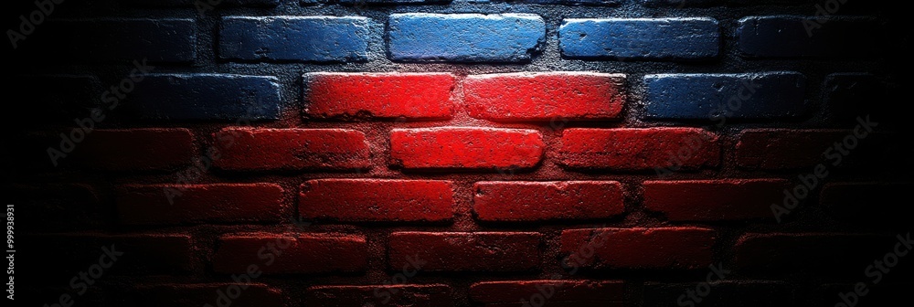 Poster a textured brick wall with a blue and red color scheme, the red bricks illuminated by a spotlight, c