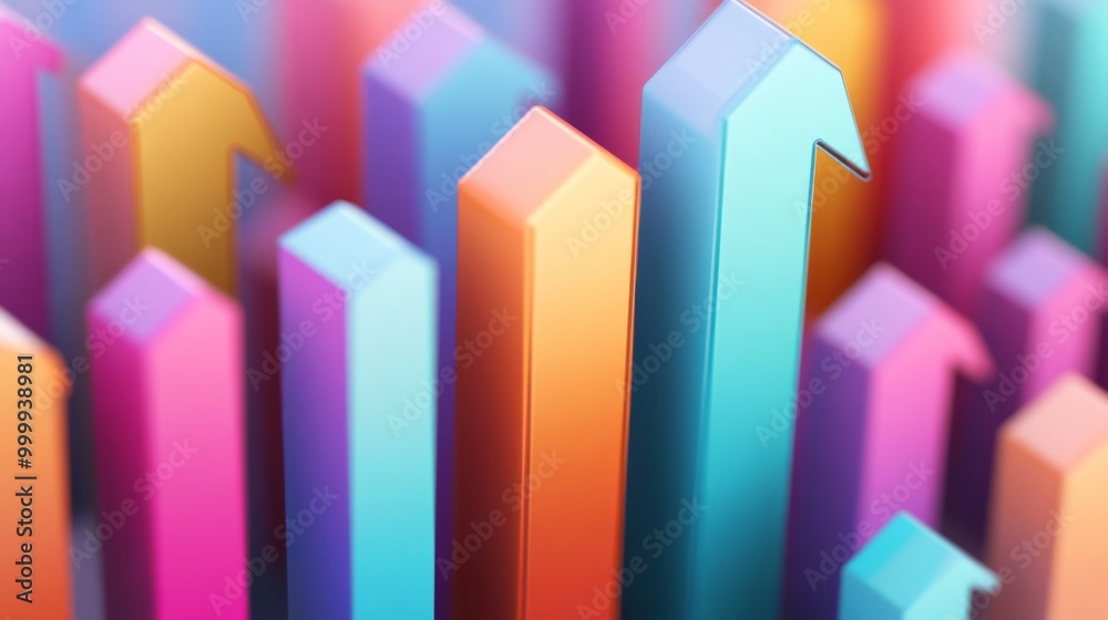 Poster A 3D-rendered bar graph representing financial growth, with vibrant colors and arrows pointing upwards on a white background, symbolizing economic progress.