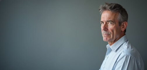 Mature man with serious expression looking thoughtful against gray background with copy space