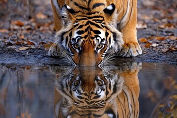 Naklejka premium A magnificent Bengal Tiger and his reflection while drinking water -generative ai