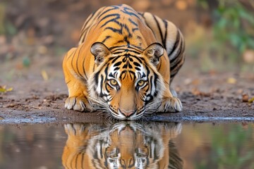 Naklejka premium A magnificent Bengal Tiger and his reflection while drinking water -generative ai