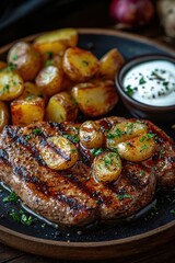 Cig&aacute;nypecsenye: Grilled pork cutlets topped with garlic and paprika, served with roasted potatoes and sour cream.
