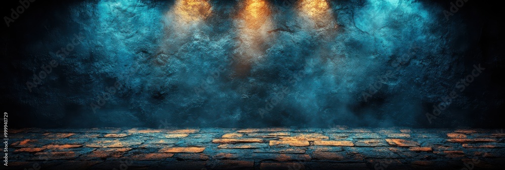 Poster a mysterious and ethereal scene with a textured brick floor bathed in the warm glow of spotlights ag