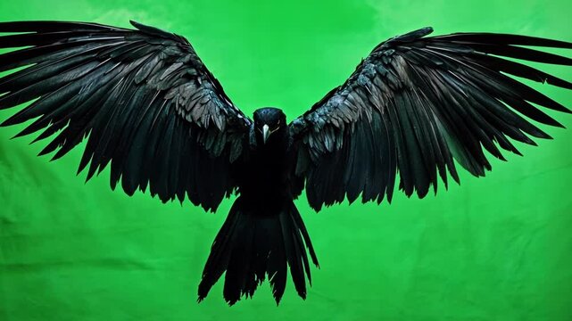Majestic black raven is captured mid flight against a vibrant green screen backdrop, its wings fully extended, showcasing its impressive wingspan