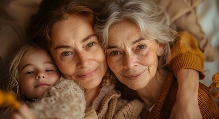 Three generations of women. The tender bond between a grandmother, her daughter and her granddaughter as they embrace.