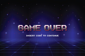 Naklejka premium game over. pixel art .8 bit game. retro game. for game assets .Retro Futurism Sci-Fi Background. glowing neon grid. and stars from vintage arcade computer games