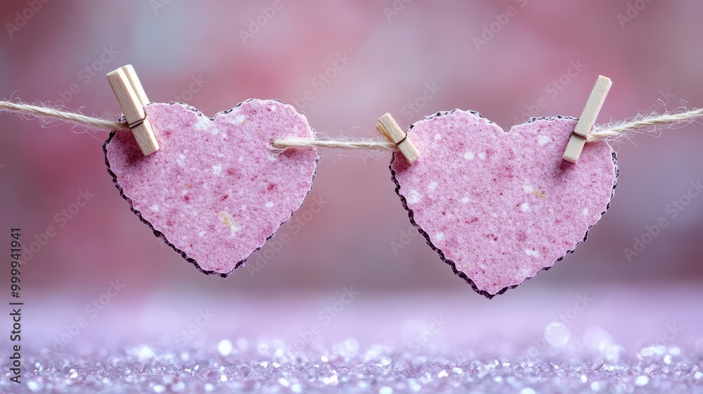 Poster two pink hearts hanging on a string with clothespins against a pink background and sparkling glitter