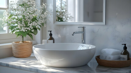 Fototapeta premium Modern Bathroom Sink with White Towels and Flowers