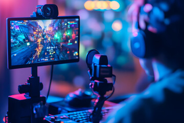 Live video game streaming setup with professional microphone, high-quality monitor, and vibrant neon lights, perfect for gamers, content creators, or e-sports enthusiasts