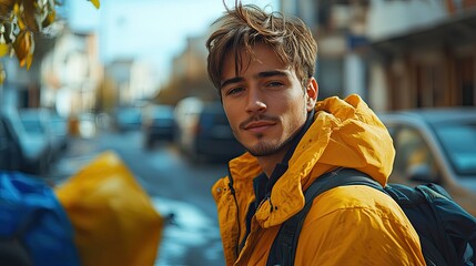 young man volunteer with team cleaning up street community service concept