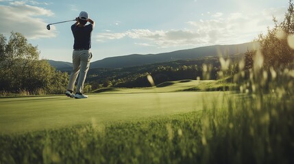 A golfer takes a swing on a golf course with a mountain view in the background.