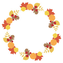 Autumn leaves round frame. Isolated on a white background. Yellow, red  leaves and red berries in the flat style. Design element with copy space for your text. 