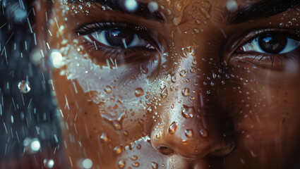 Close-up of a Woman's Face with Raindrops Adorning Her Skin, Accentuating Her Natural Grace