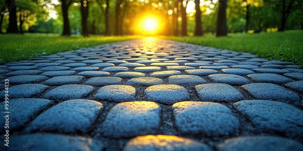 Aufkleber Cobblestone path leading into a setting sun, surrounded by green trees and a soft glow.