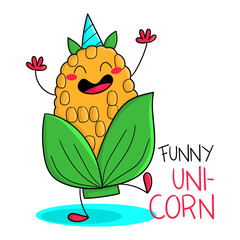 Illustration of a slice of corn on the cob with a unicorn horn with its arms up and the phrase happy unicorn, illustration for a t-shirt