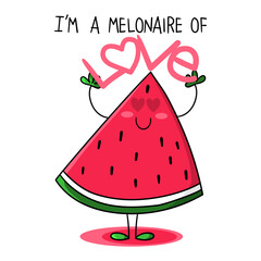 Illustration of a slice of melon with arms up holding the word love, melon in love, with heart-shaped eyes, illustration for t-shirt
