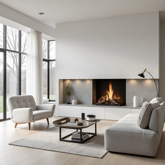 Interior design of scandinavian living room with fireplace and gray sofa. 
