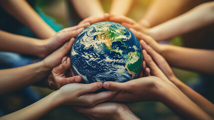Many hands surround a small globe symbolizing unity and care for the Earth during a community event