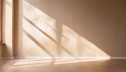 Light on the background wall. Shadow from the window and sunlight. White rays of the sun in a bright empty room. Shade overlay. Modern studio in beige tones. interior of a room with a window