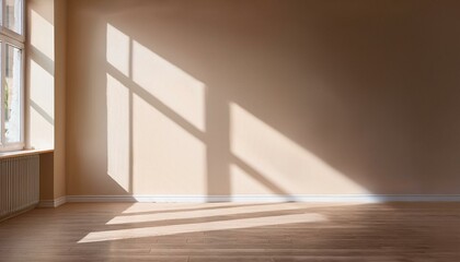 Light on the background wall. Shadow from the window and sunlight. White rays of the sun in a bright empty room. Shade overlay. Modern studio in beige tones. interior of a room with a window
