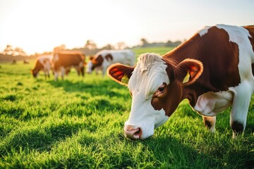 beautiful cattle in Australia eating grass, grazing on pasture. Herd of cows free range beef being regenerative raised on an agricultural farm. generative ai