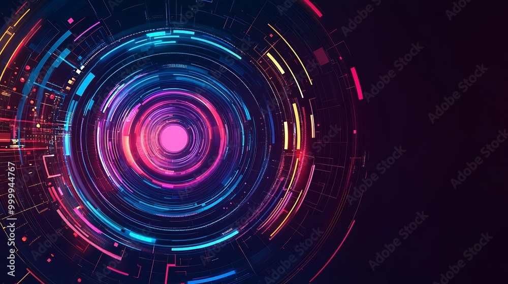 Poster Abstract digital background with glowing neon circles and lines.