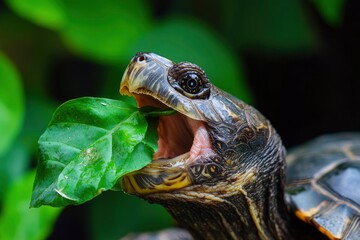 Obraz premium Big turtle opened mouths and eating green leaves. Wild animals backgrounds.generative ai