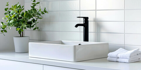 A white sink with a black faucet sits on a counter next to a potted plant