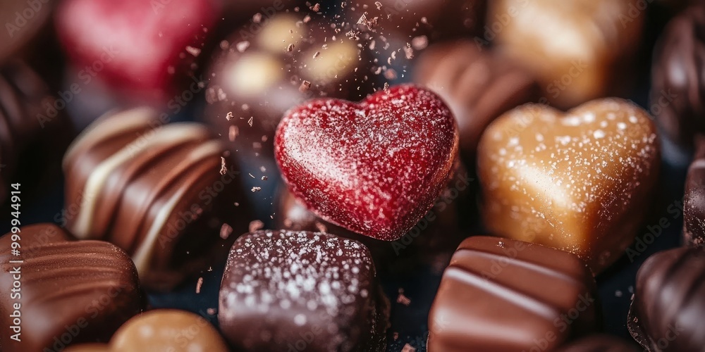 Poster a heart-shaped chocolate covered in sprinkles floats above other assorted chocolates, creating a del