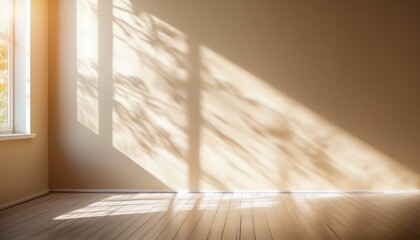 Light on the background wall. Shadow from the window and sunlight. White rays of the sun in a bright empty room. Shade overlay. Modern studio in beige tones. interior of a room with a window