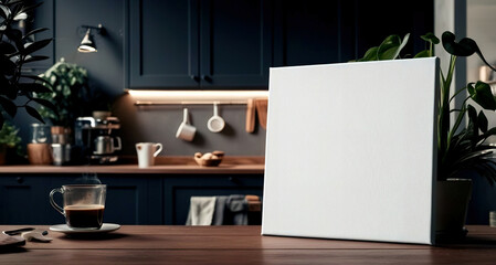 A white canvas sits on a wooden table in a kitchen