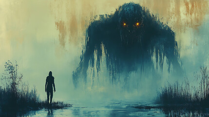 A large, menacing black monster looms over a tiny person, showcasing its intimidating presence.
