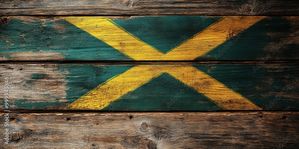 Poster a rustic wooden surface decorated with a diagonal yellow and green pattern