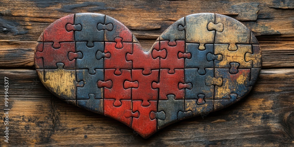 Poster a rustic wooden heart shaped jigsaw puzzle composed of interlocking pieces on a weathered background
