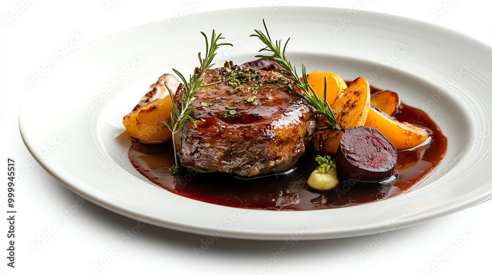 Canvas Prints A plated meal of steak with caramelized onions and herbs.