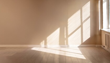 Light on the background wall. Shadow from the window and sunlight. White rays of the sun in a bright empty room. Shade overlay. Modern studio in beige tones. interior of a room with a window