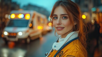 Obraz premium young woman doctor getting into the ambulance car