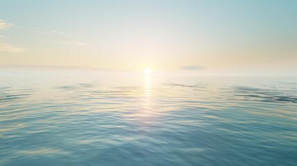 Serene Seascape at Sunrise with Golden Rays Breaking Through Mist, Capturing Tranquility and the Promise of a New Day in Dreamlike Atmosphere
