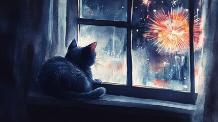 Cozy Cat by the Window Watching Fireworks Watercolor Style