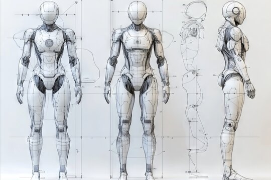 Detailed pencil drawing of a female robot.