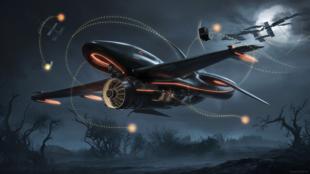 Futuristic Night Patrol: Advanced Aircraft in Dystopian Skies