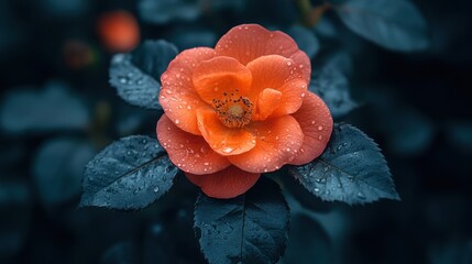 A Single Coral Rose with Dew Drops on Its Petals, Glowing Against a Deep Green Background