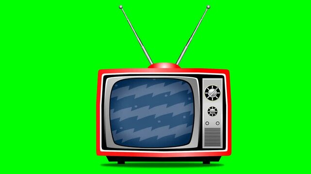 2d animated character of  The flat screen TV with the old antenna and the on and off buttons on the small screen is classic nostalgia. in green screen background chroma key.